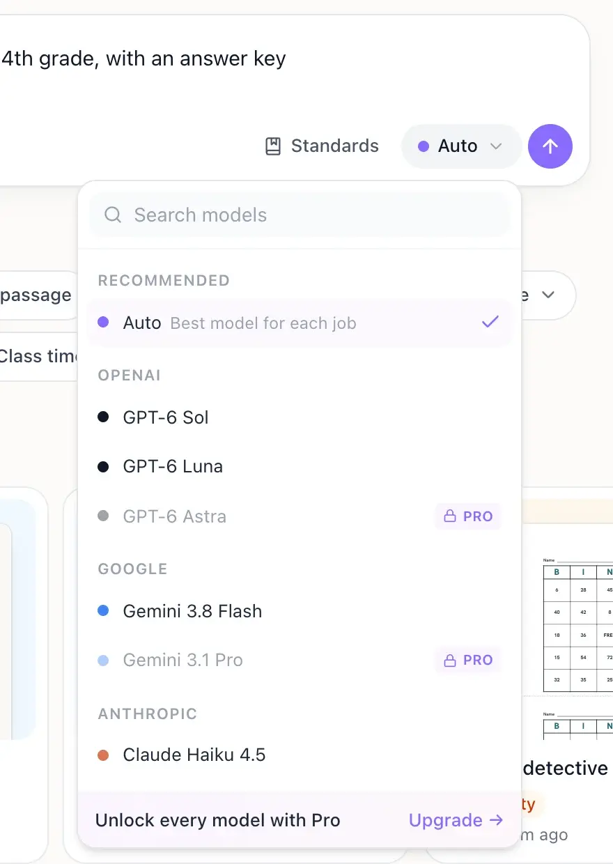 The model menu in the EasyClass chat box: Auto is checked under Recommended, then OpenAI, Google and Anthropic models, with Pro badges on GPT-6 Astra and Gemini 3.1 Pro