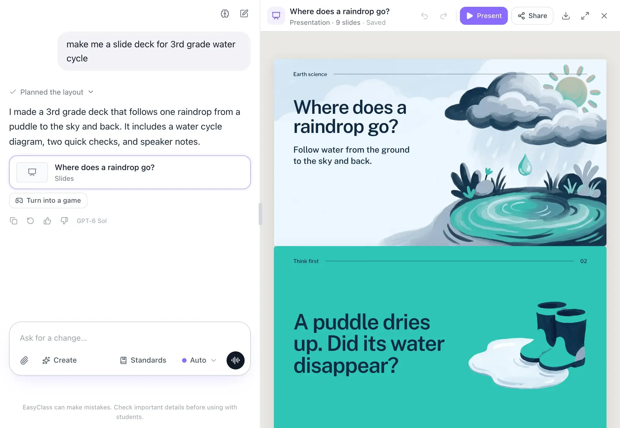 A 3rd grade water cycle slide deck, "Where does a raindrop go?", open beside the chat that made it, with painted illustrations, a Present button and the model label GPT-6 Sol under the answer