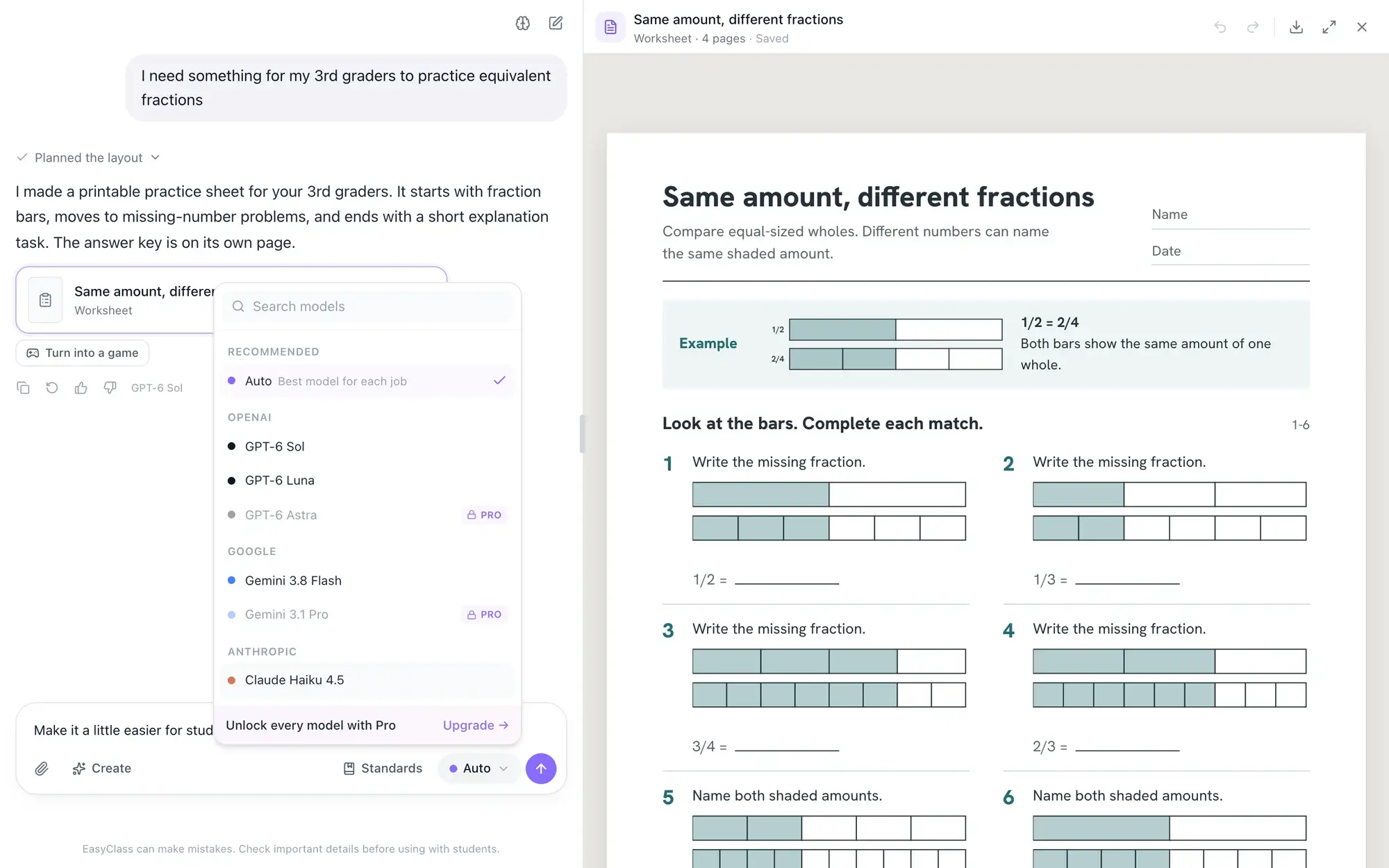 An EasyClass chat with the worksheet "Same amount, different fractions" open beside it. The answer is labeled GPT-6 Sol, a follow-up request is typed in, and the model menu is open with Claude Haiku 4.5 highlighted