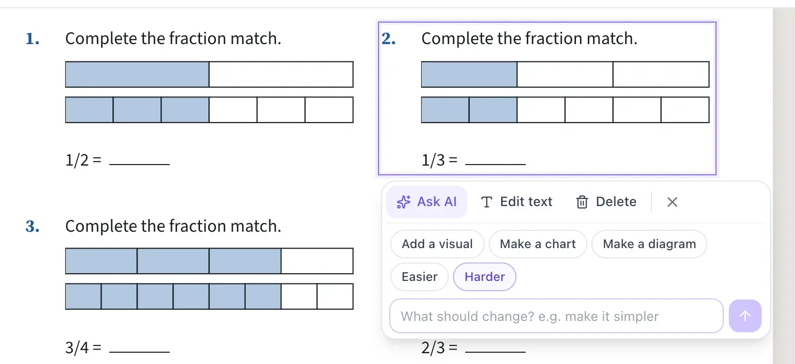 A selected question on a fractions worksheet with the Ask AI panel open and the Harder button highlighted next to Easier, Add a visual, Make a chart and Make a diagram.