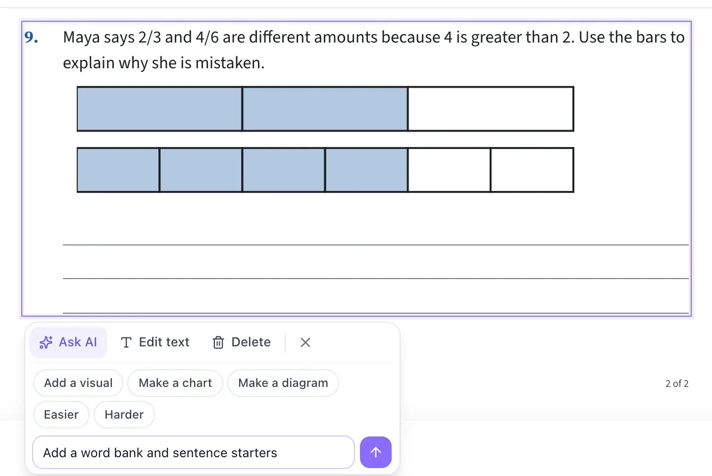 A short-response fractions question selected, with "Add a word bank and sentence starters" typed into the Ask AI box under it.