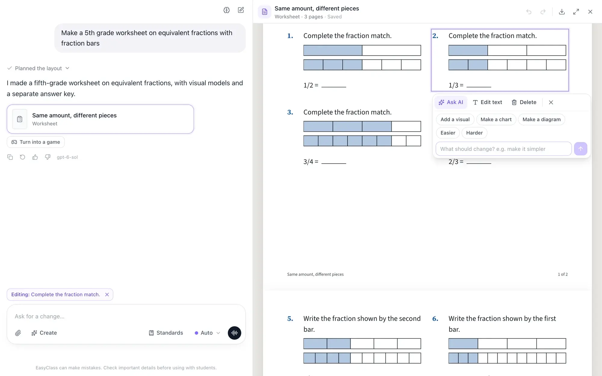 EasyClass with the chat on the left and a fifth-grade equivalent fractions worksheet open on the canvas. Question 2 is selected, and the Ask AI panel offers Add a visual, Make a chart, Make a diagram, Easier and Harder, with a box to type any change.