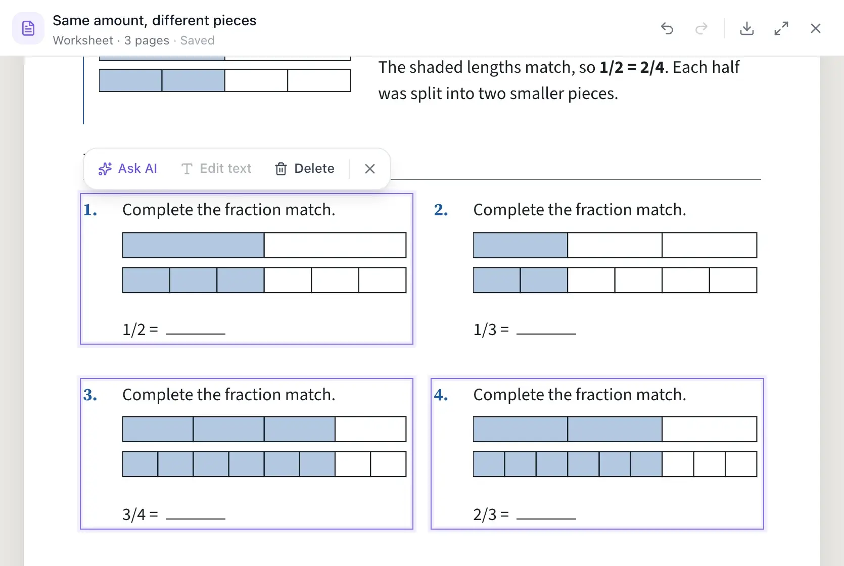 Three fraction questions selected at once with Shift-click, each outlined in purple, under one Ask AI toolbar. Undo and Redo sit in the worksheet header.