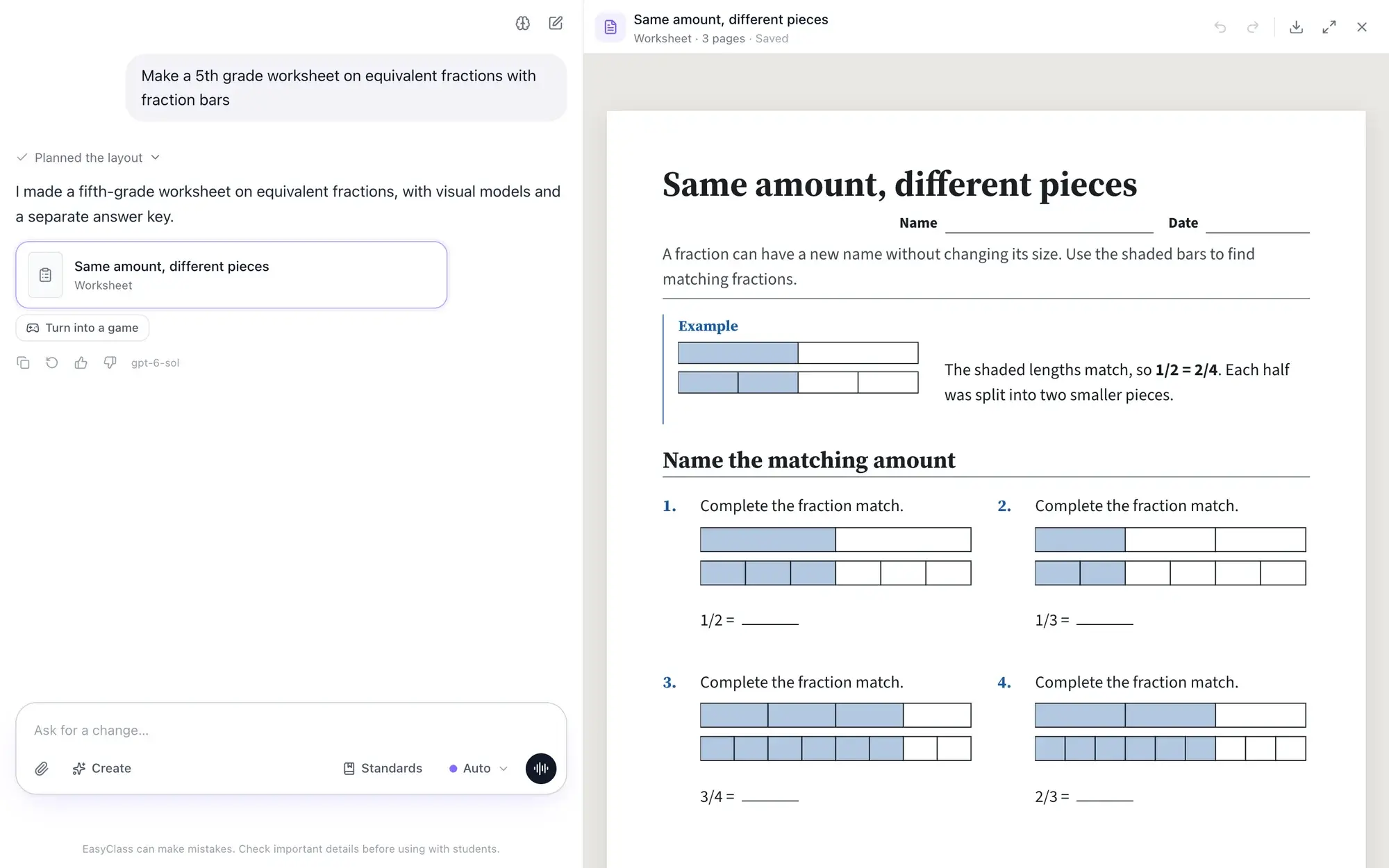 A chat asking for a 5th grade worksheet on equivalent fractions, with the finished worksheet "Same amount, different pieces" open on the canvas beside it.