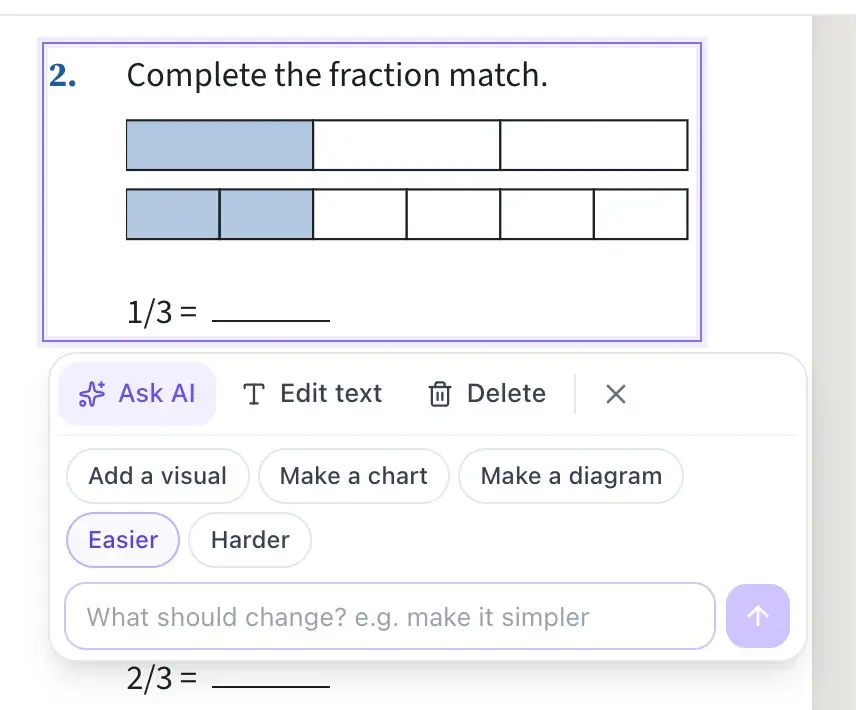 The Ask AI panel open under a selected fraction question, with the quick picks Add a visual, Make a chart, Make a diagram, Easier and Harder, and a box that asks "What should change?"