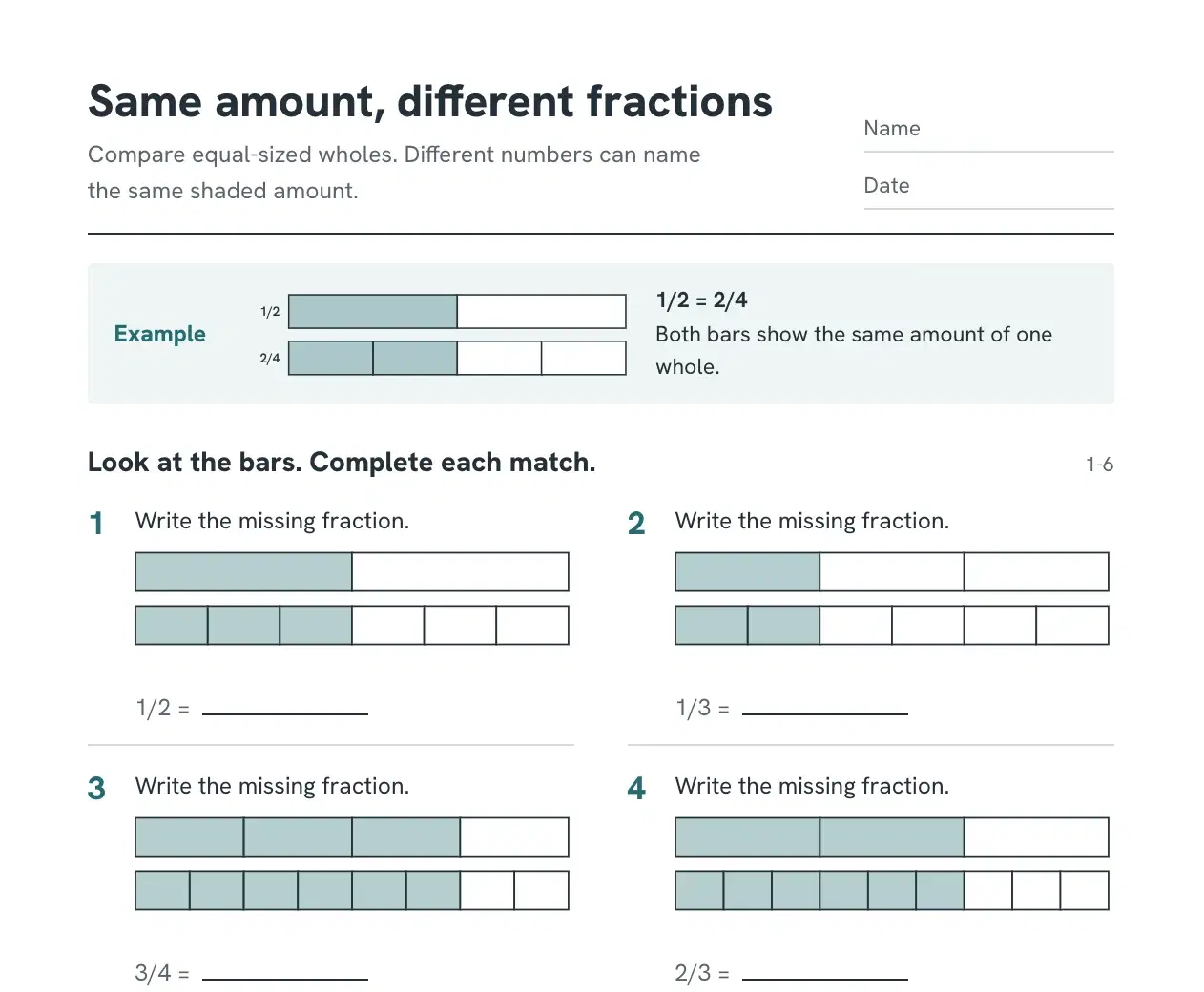 Top of a 3rd grade equivalent fractions worksheet, "Same amount, different fractions": name and date lines, a worked example showing 1/2 = 2/4 with fraction bars, and the first fraction bar problems