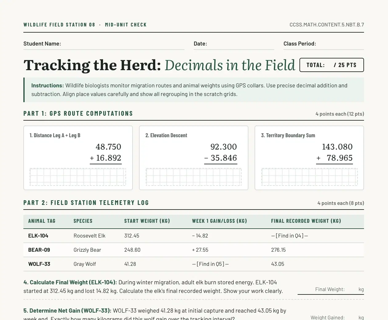 Top of a grade 5 decimals quiz, "Tracking the Herd: Decimals in the Field": a 25 point total box, instructions, and three decimal addition and subtraction problems with scratch grids