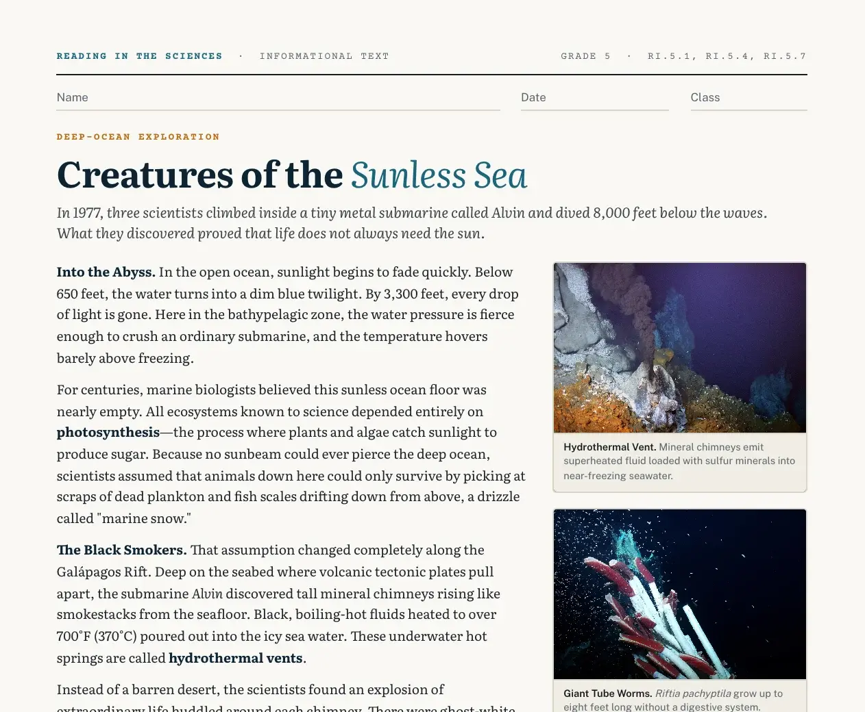 Top of a grade 5 nonfiction reading passage, "Creatures of the Sunless Sea", about deep-ocean hydrothermal vents, with name, date and class lines and a photo of a vent