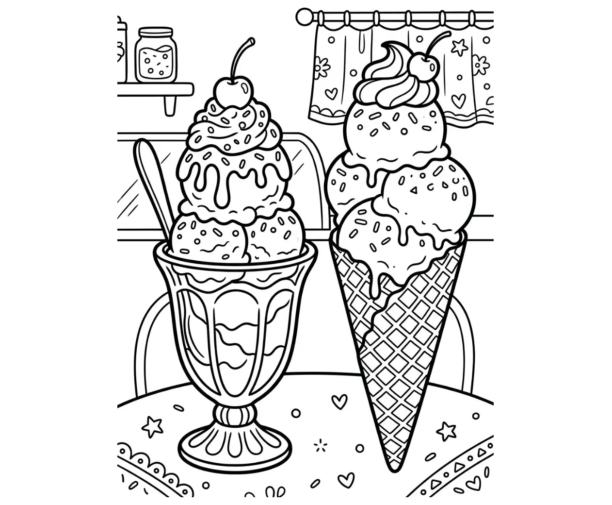 A black-and-white coloring page of an ice cream sundae and an ice cream cone in a parlor, with bold outlines ready to color