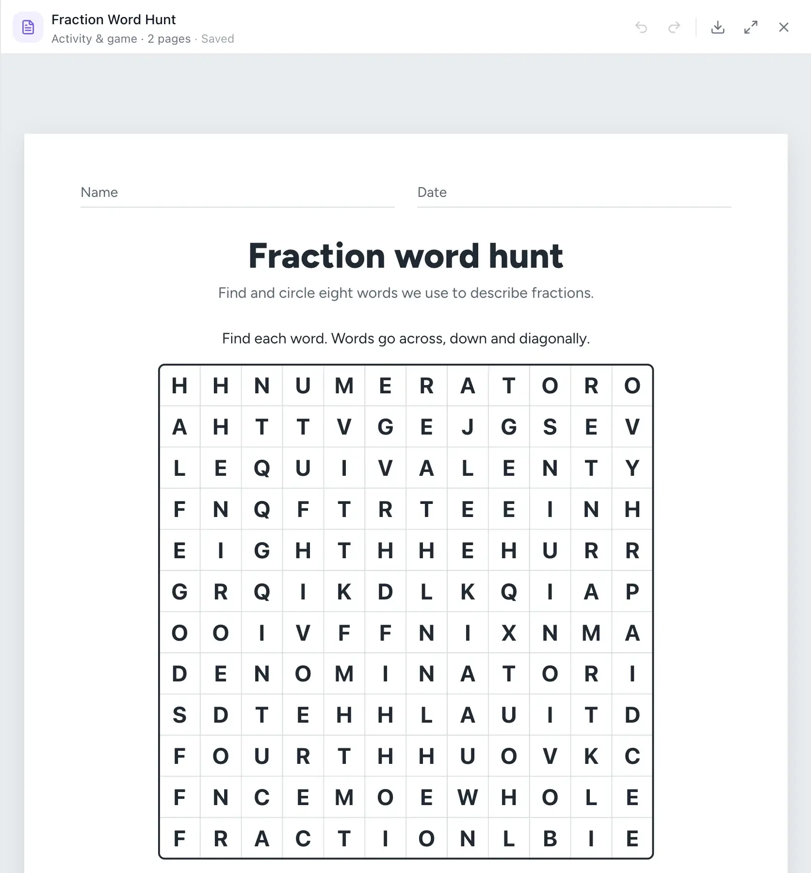 A printable fraction word search: a 12 by 12 letter grid with eight words to find, such as numerator, denominator and equivalent