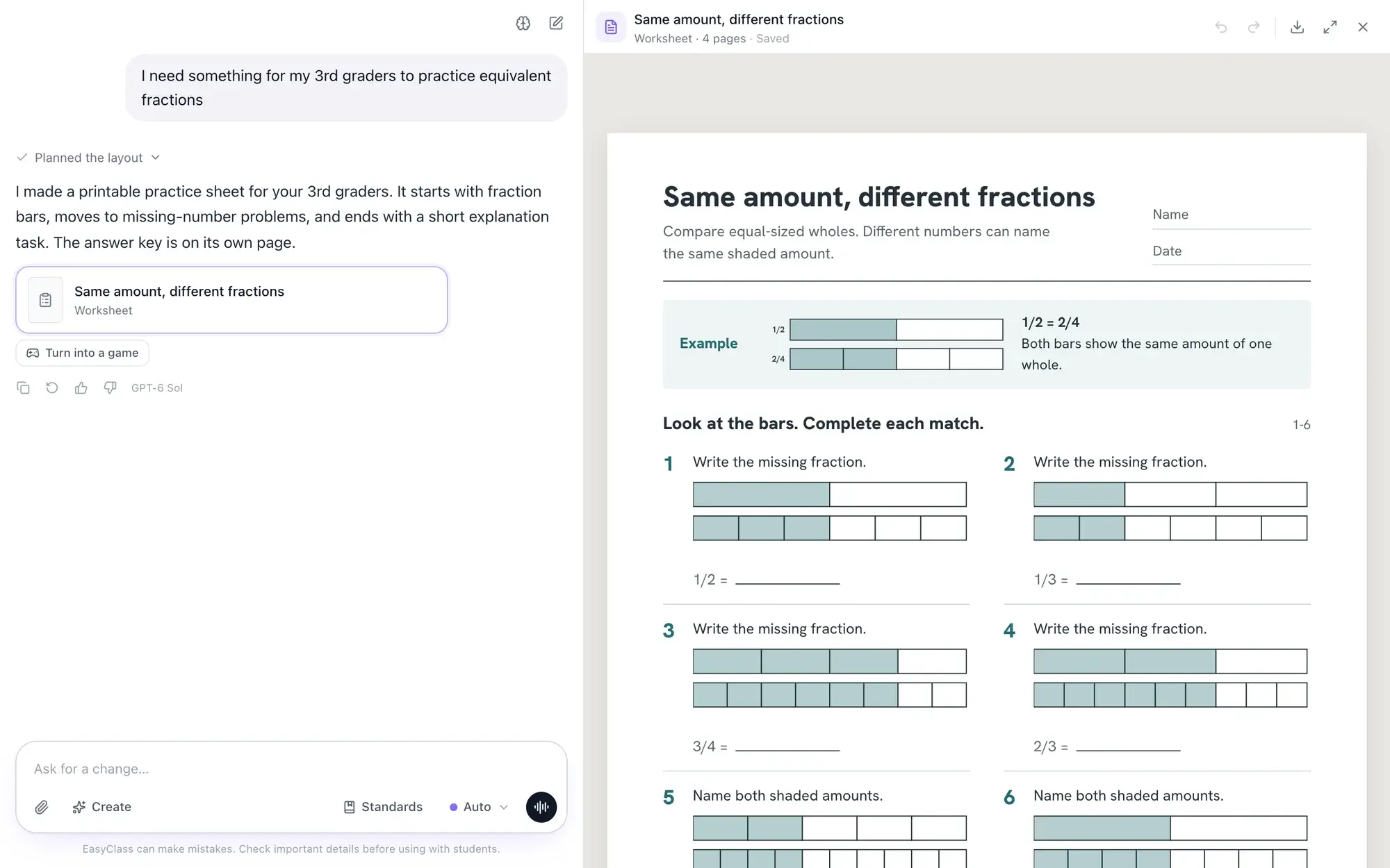 EasyClass AI worksheet generator: the teacher asked for something to help 3rd graders practice equivalent fractions, and the worksheet "Same amount, different fractions" opens beside the chat on a printable page with a worked example and fraction bar problems
