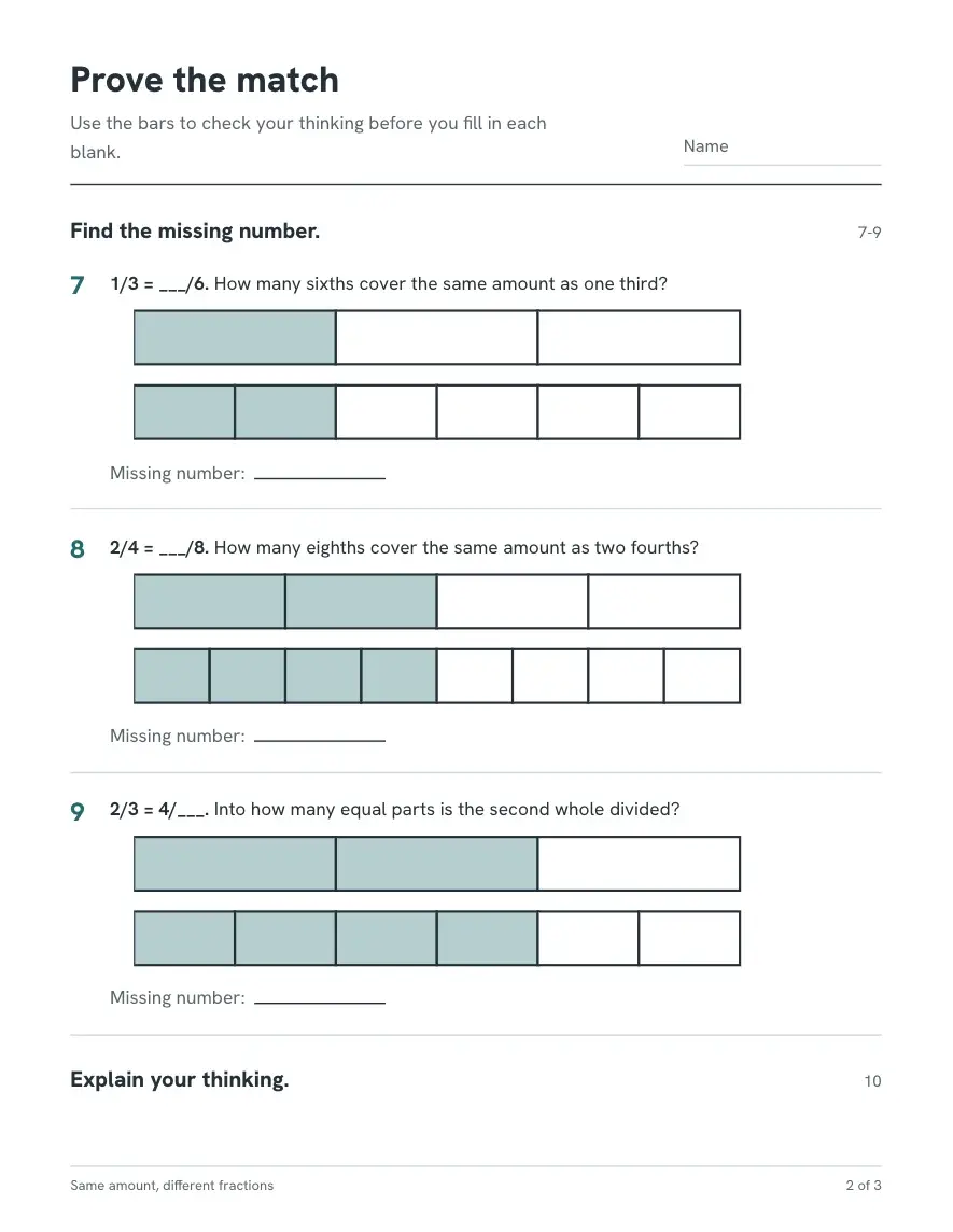 Page 2, "Prove the match": three problems such as 1/3 = ___/6, each with a fraction bar model to check the answer