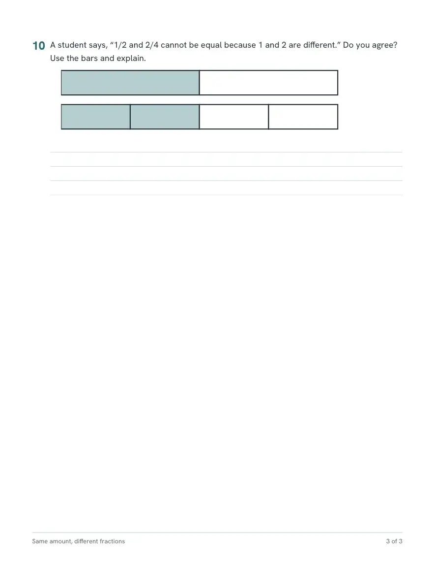 Page 3: problem 10 asks whether a student is right that 1/2 and 2/4 cannot be equal, with a fraction bar model and ruled lines for a written answer