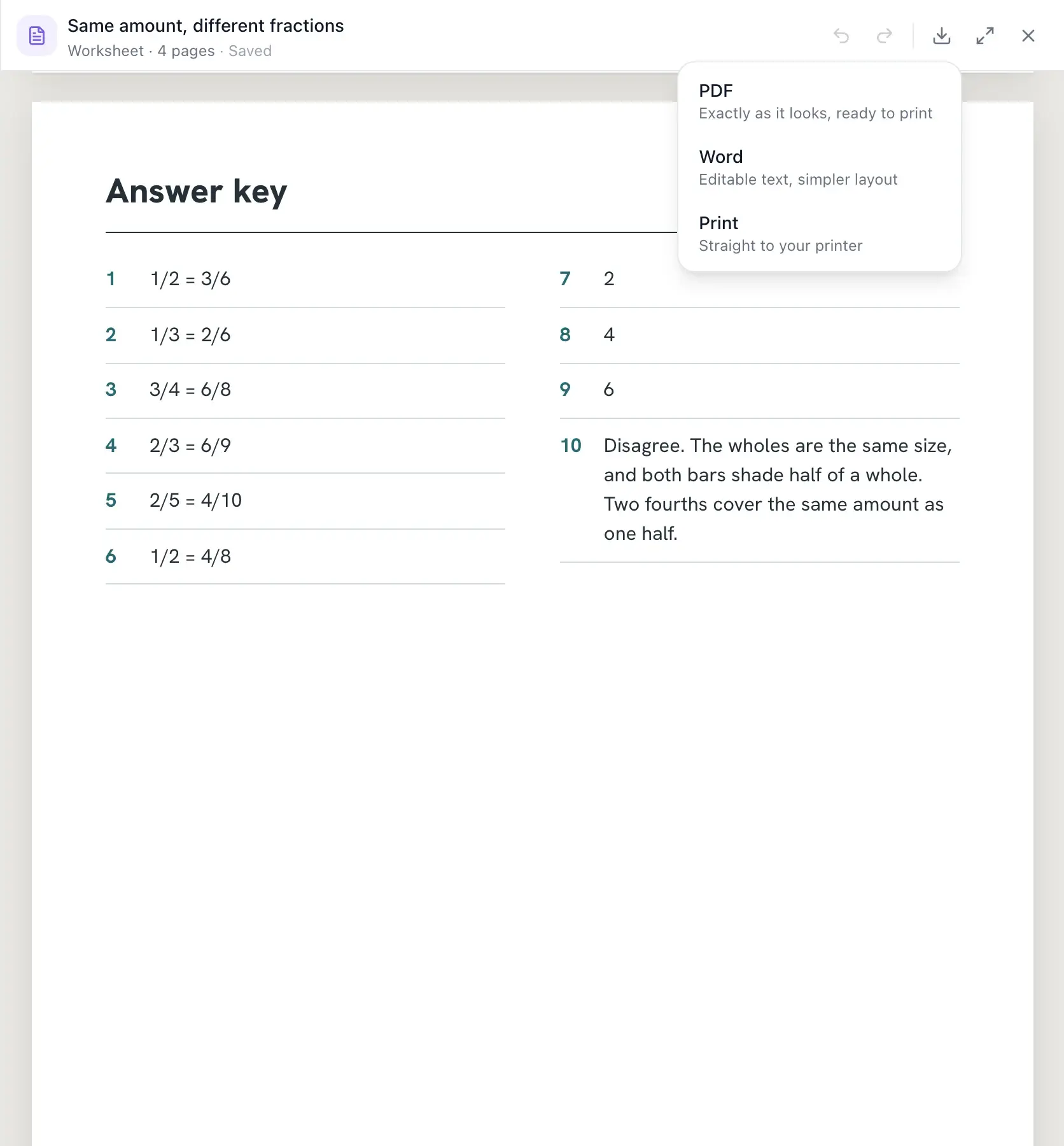The answer key on the last page of a fractions worksheet, listing answers 1 to 10, with the download menu open to PDF, Word and Print