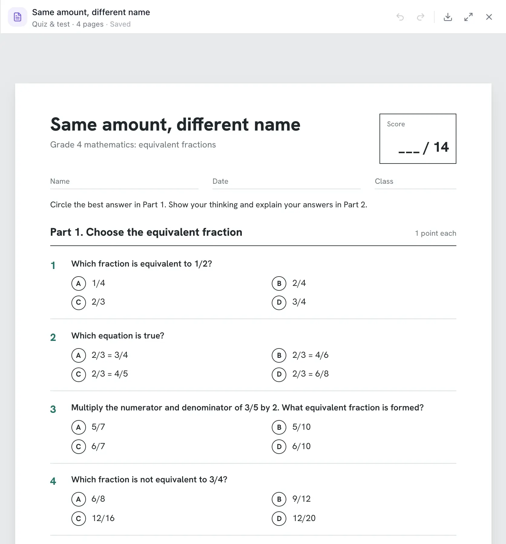 A grade 4 equivalent fractions quiz in the EasyClass canvas: a score box out of 14, name, date and class lines, and Part 1 multiple-choice questions with lettered answer bubbles