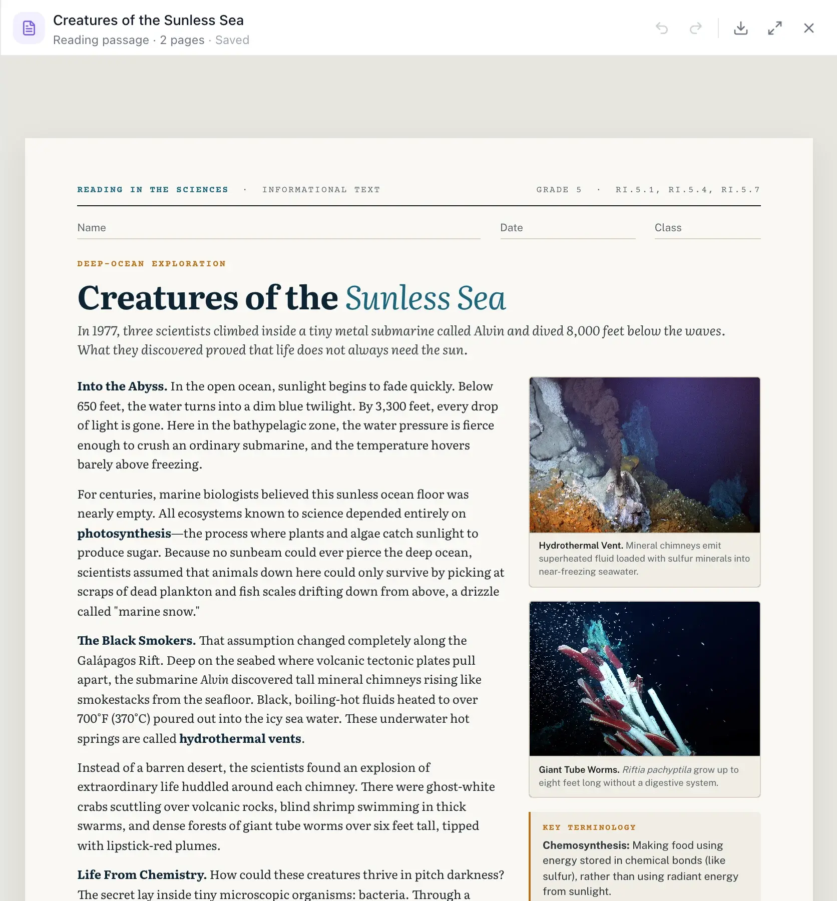 A grade 5 nonfiction reading passage, "Creatures of the Sunless Sea", laid out like a magazine article with photos of a hydrothermal vent and giant tube worms and a key terminology box