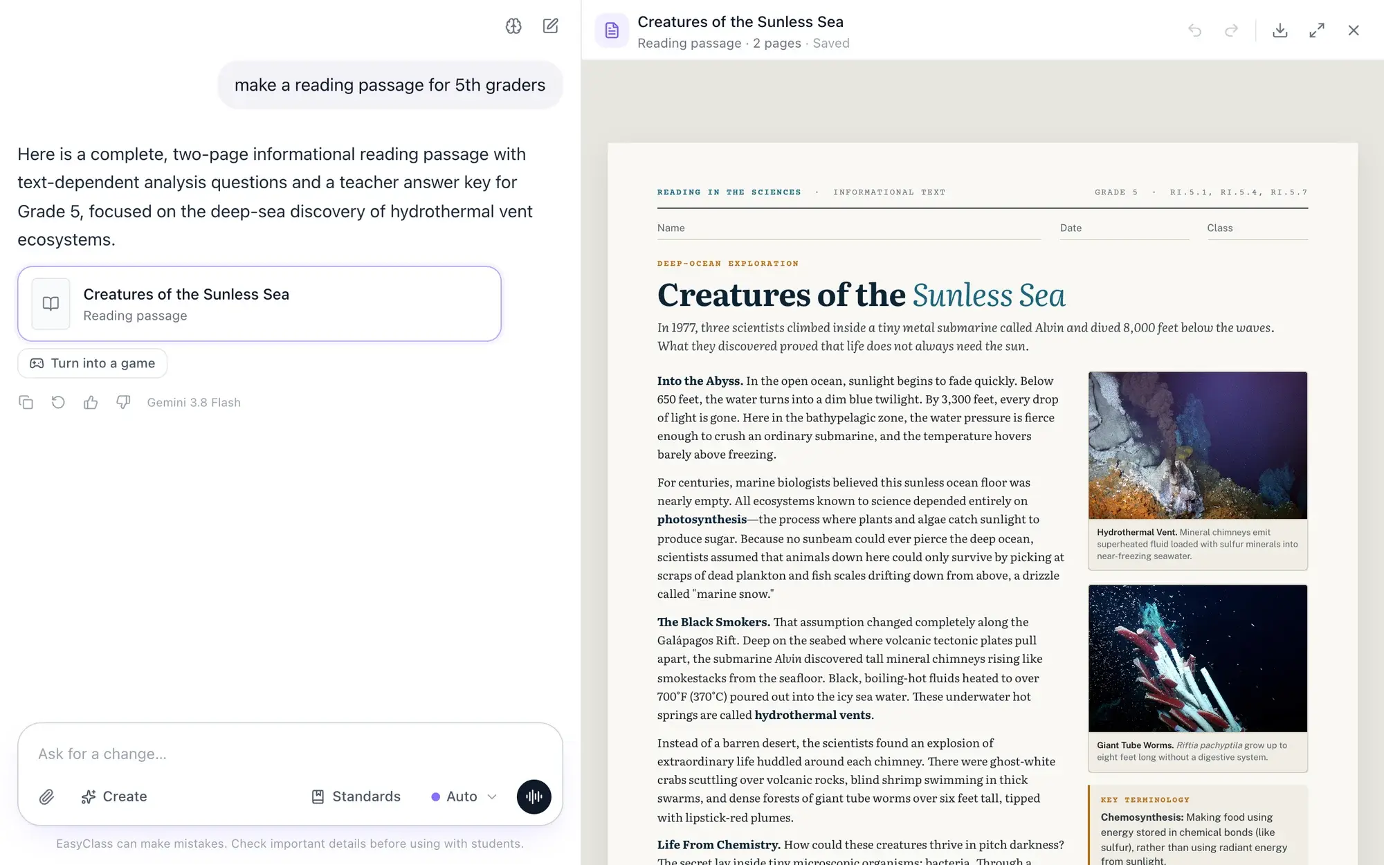 A request for a 5th grade reading passage in the chat, and the finished two-page passage "Creatures of the Sunless Sea" shown in the canvas beside it