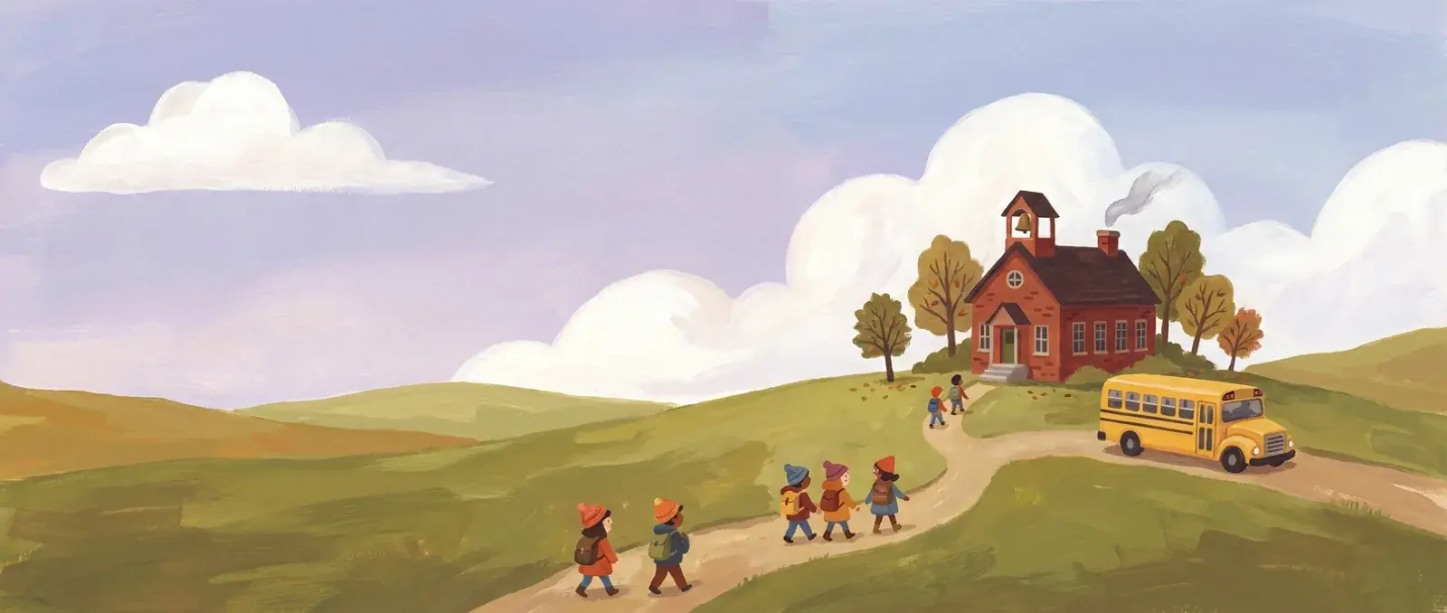 Painted children walking up the path to a schoolhouse on a hill